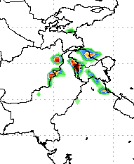 Red spot shows very heavy downpour